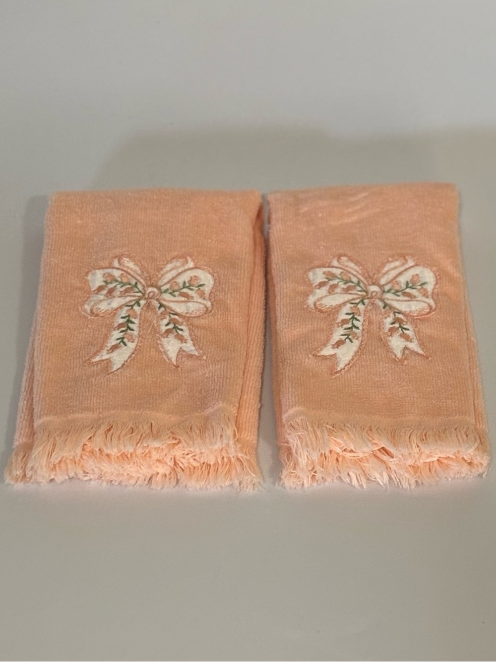 Vintage After Bath Luxury by J Abouchar & Sons Peach Embroidered Bow Hand Towels